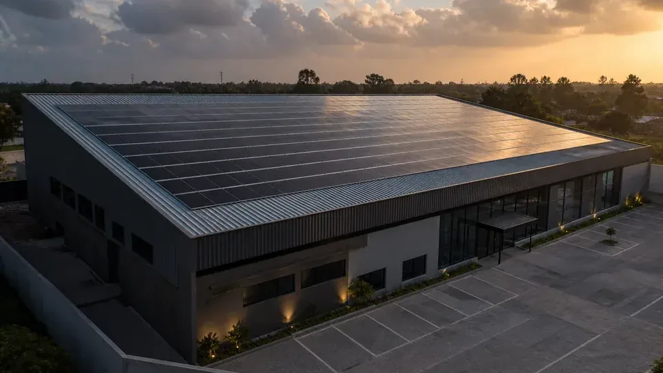 Energia solar para empresas: arranjo fotovoltaico em telhado comercial.