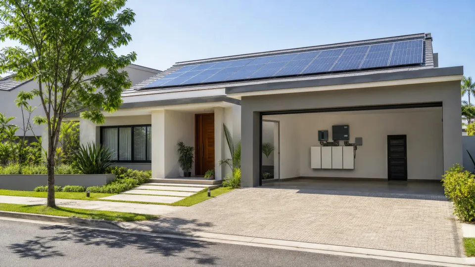 Armazenamento de Energia Solar em 2026: O Que Muda com as Novas Regras da ANEEL — módulos fotovoltaicos em telhado residencial.