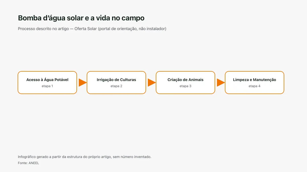 Infográfico ilustrativo das etapas tratadas no artigo Bomba d’água solar e a vida no campo, sem texto ilegível e sem dado inventado.