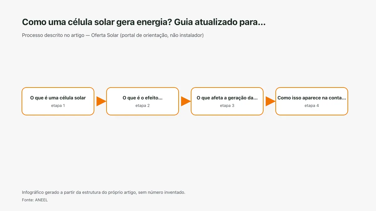 Infográfico ilustrativo das etapas tratadas no artigo Como uma célula solar gera energia? Guia atualizado para…, sem texto ilegível e sem dado inventado.