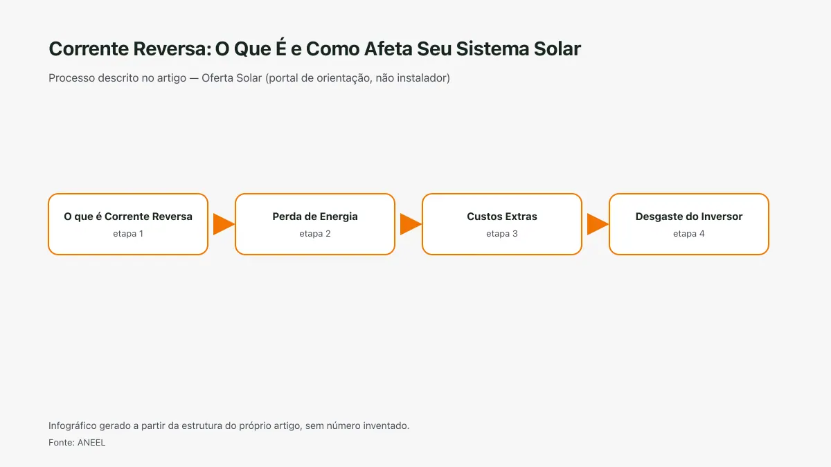 Infográfico ilustrativo das etapas tratadas no artigo Corrente Reversa: O Que É e Como Afeta Seu Sistema Solar, sem texto ilegível e sem dado inventado.