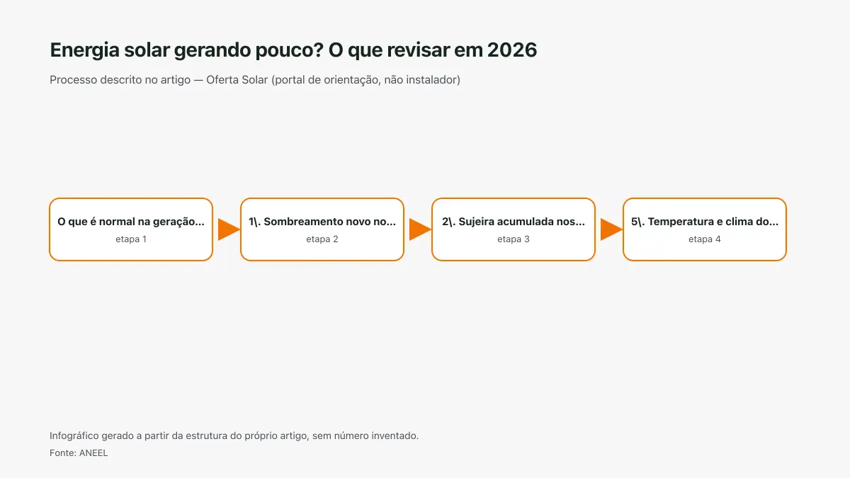 Infográfico ilustrativo das etapas tratadas no artigo Energia solar gerando pouco? O que revisar em 2026, sem texto ilegível e sem dado inventado.