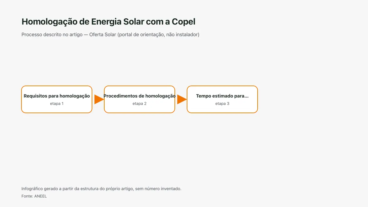 Infográfico ilustrativo das etapas tratadas no artigo Homologação de Energia Solar com a Copel, sem texto ilegível e sem dado inventado.