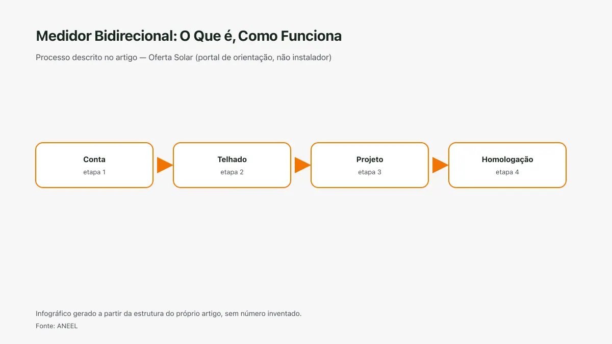 Infográfico ilustrativo das etapas tratadas no artigo Medidor Bidirecional: O Que é, Como Funciona, sem texto ilegível e sem dado inventado.