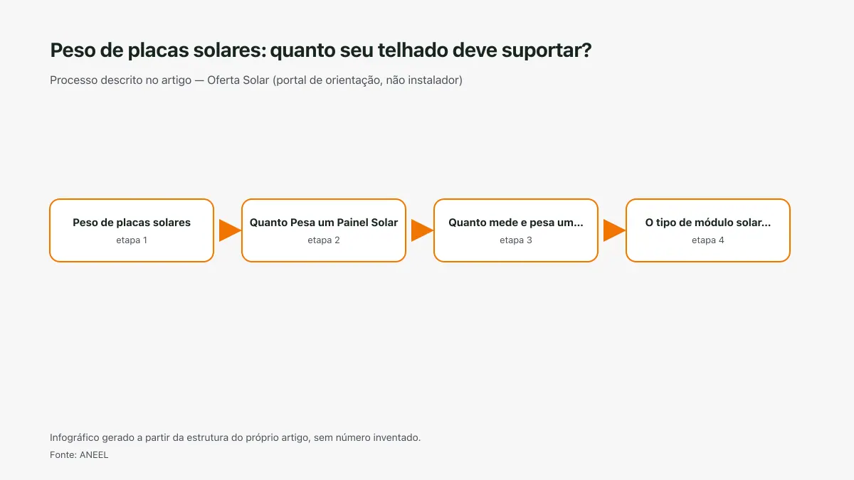 Infográfico ilustrativo das etapas tratadas no artigo Peso de placas solares: quanto seu telhado deve suportar?, sem texto ilegível e sem dado inventado.