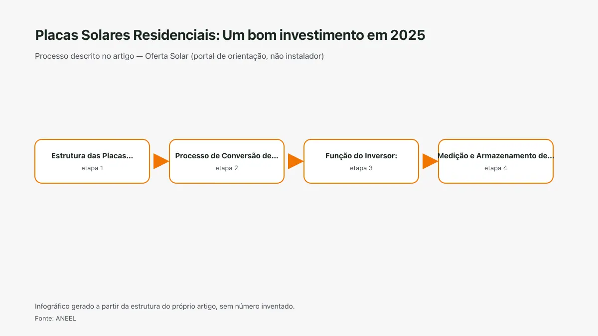 Infográfico ilustrativo das etapas tratadas no artigo Placas Solares Residenciais: Um bom investimento em 2025, sem texto ilegível e sem dado inventado.