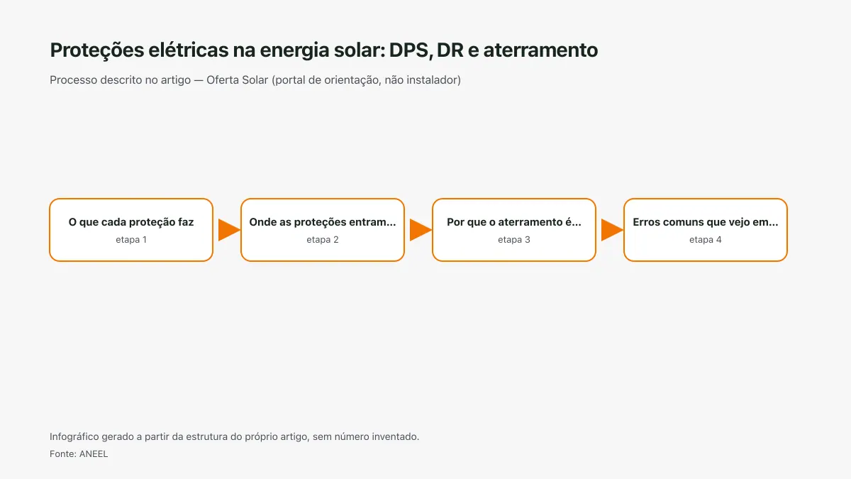 Infográfico ilustrativo das etapas tratadas no artigo Proteções elétricas na energia solar: DPS, DR e aterramento, sem texto ilegível e sem dado inventado.