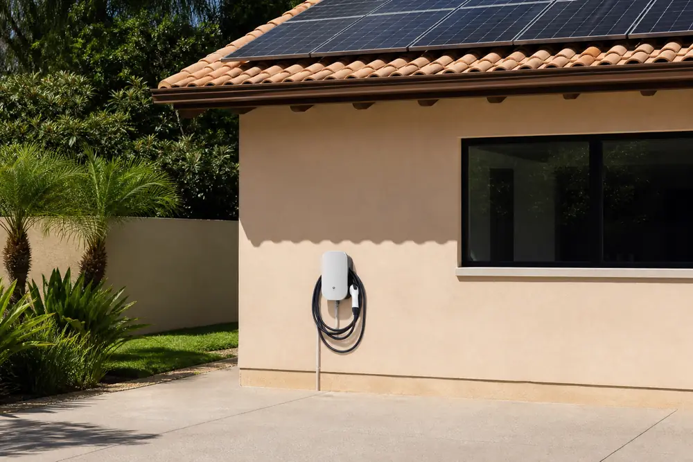Carregador veicular genérico na parede de casa, com módulos fotovoltaicos no telhado cerâmico ao fundo. Sem pessoas, marcas, texto ou marcos urbanos.