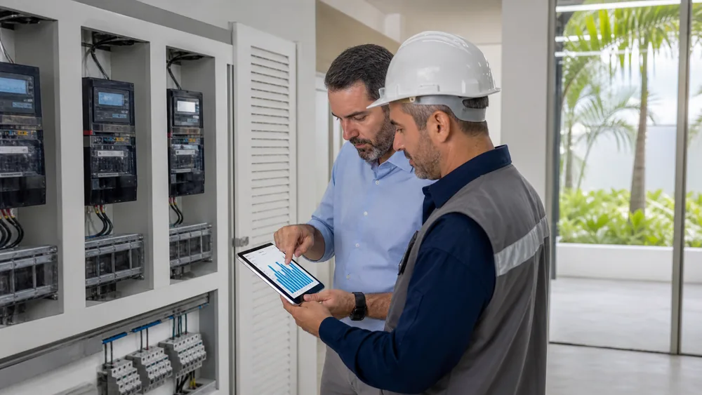 Gestor e técnico analisam o consumo elétrico de um hotel